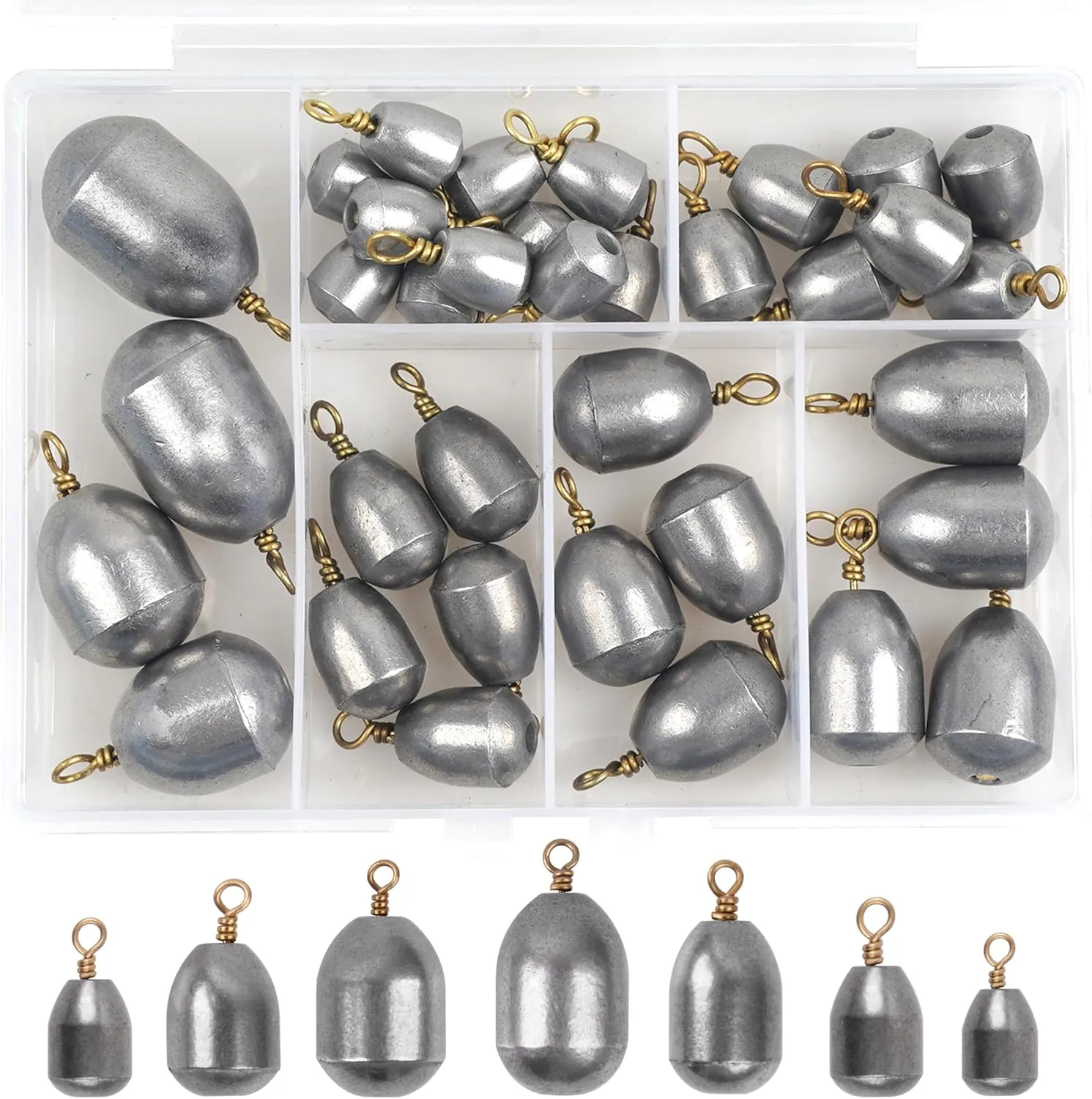 35pcs Fishing Weights Sinkers Kit Iron Bass Casting Metal Sinker Weights Water Drop Bell Sinkers Caffish Weights for Saltwater Freshwater Fishing