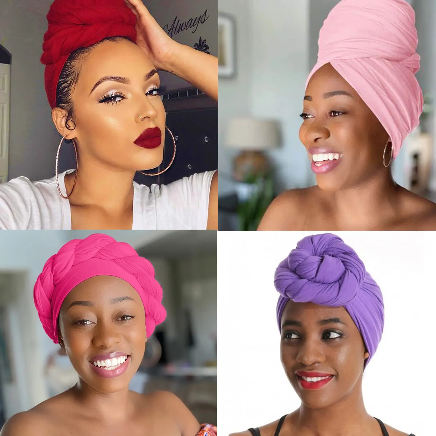 4 Packs Stretch Jersey Turban Head Wraps African Head Wraps for Black Women Dreadlocks Solid Color Scarves Urban Long Large Head Band, Hot Pink red pink light Purple
