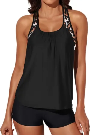 Aleumdr Womens Blouson Striped Printed Push up Strappy T-Back Tankini Top with Shorts(Available in Plus)