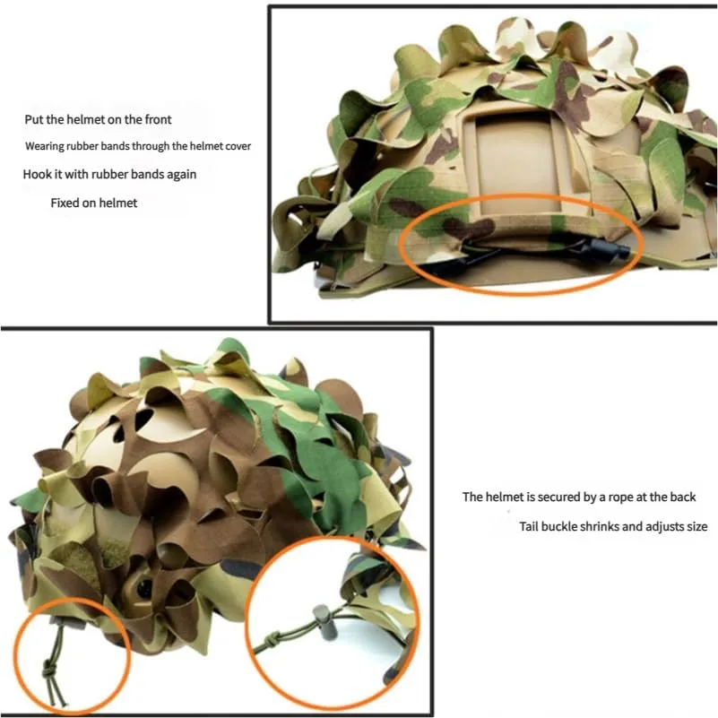 Camouflage Helmet Cover Net  3D Leaf Mesh Wrap with Elastic Drawstring for Modular Helmet Surface, Multicam Camo