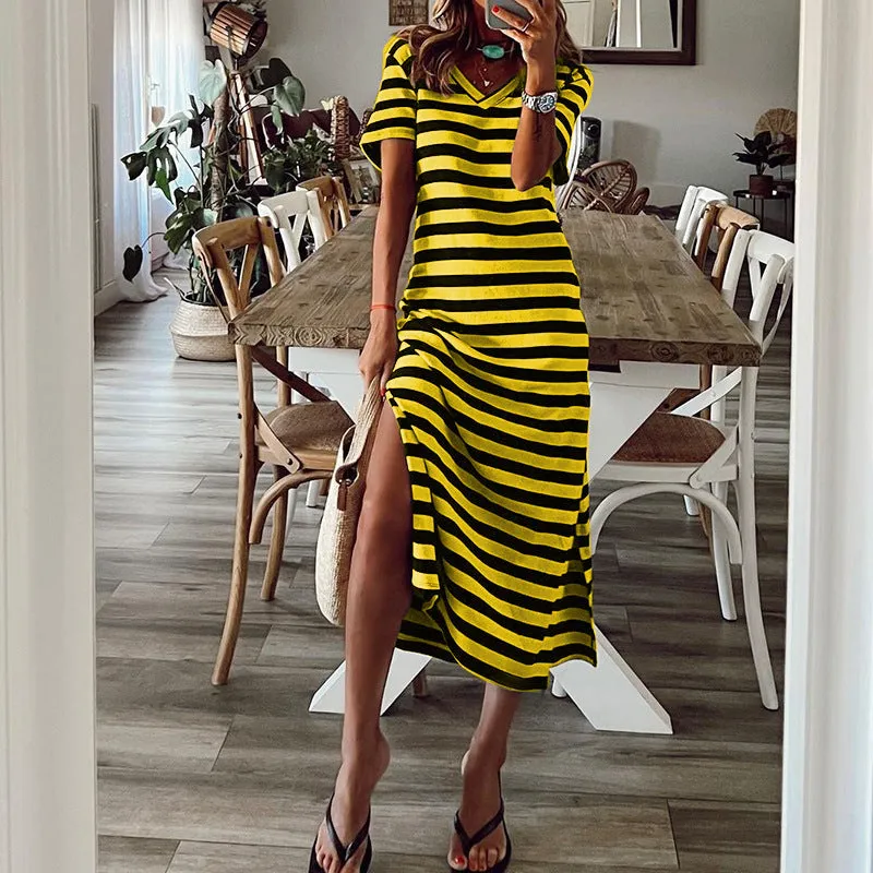 DEANWAQNGKT  Women's Spring  New European and American plus Size Striped Printed Dress  Slit Loose Hem Skirt