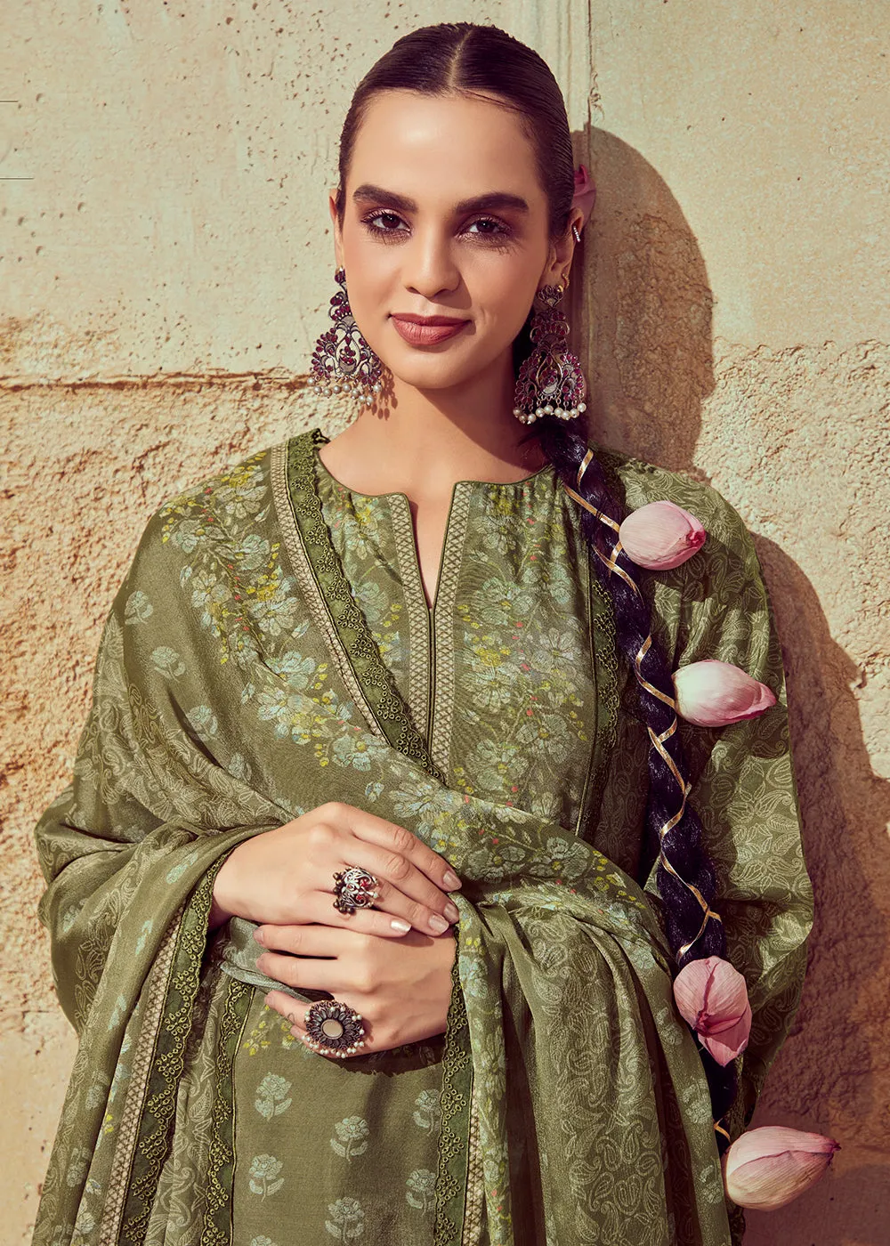 Digital Printed & Embroidered Mehndi Green Muslin Salwar Suit