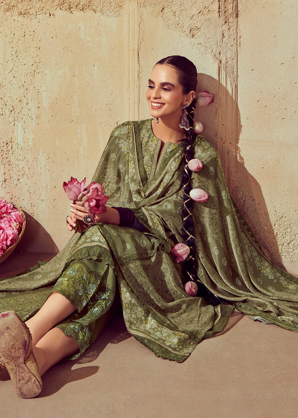Digital Printed & Embroidered Mehndi Green Muslin Salwar Suit