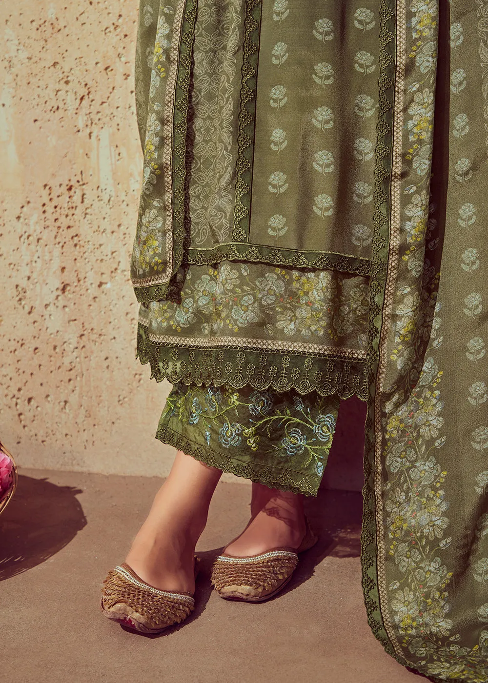 Digital Printed & Embroidered Mehndi Green Muslin Salwar Suit