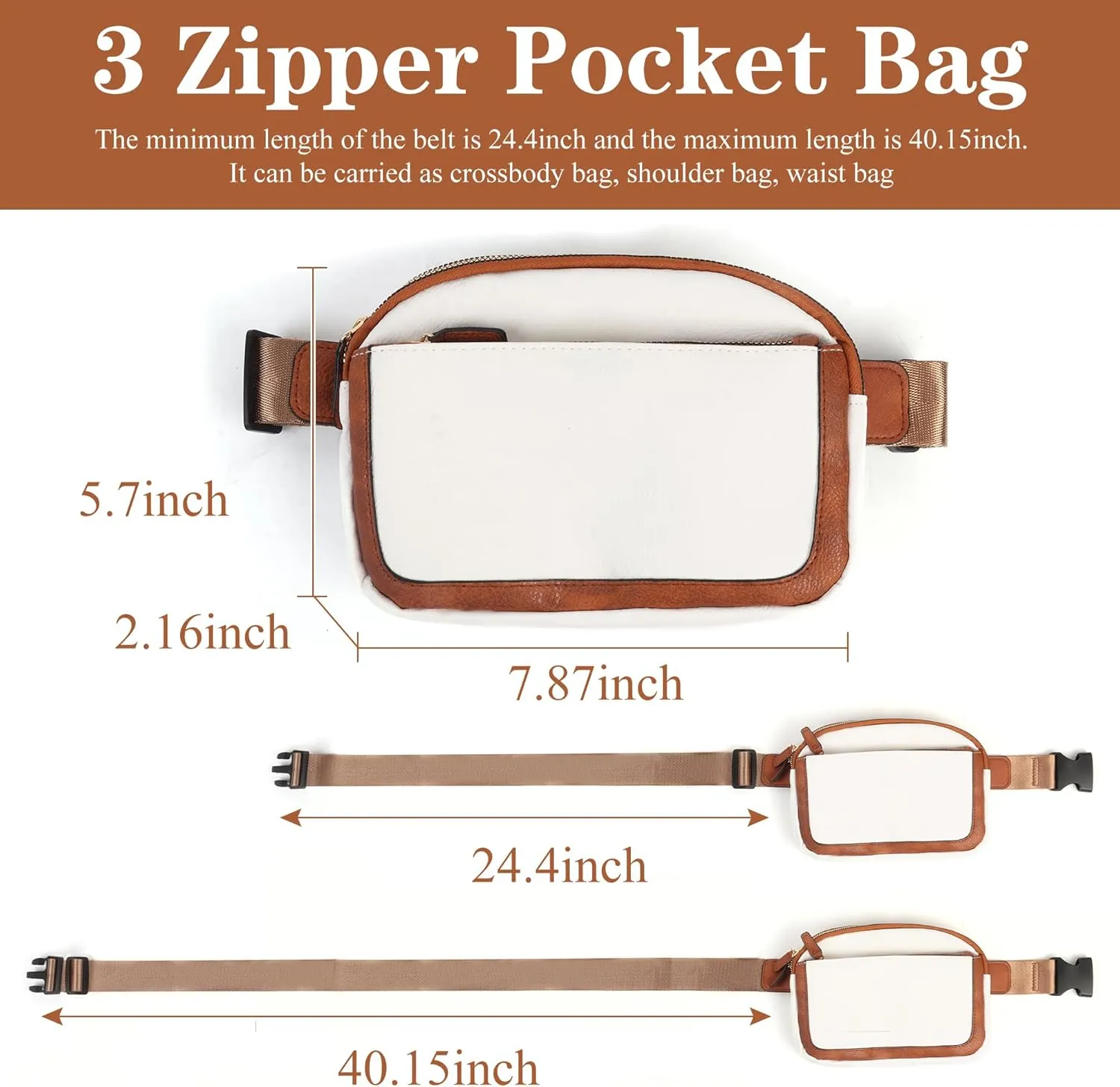 Fanny Packs for Women Men Everywhere Belt Bag, Fashion Waist Packs with 3 Zipper Pockets, Vegan Leather Waist Bag with Adjustable Strap (White and Brown)