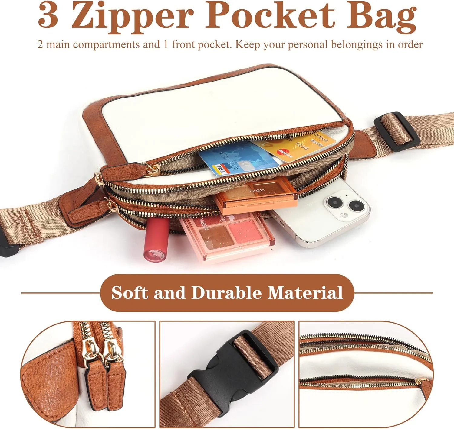Fanny Packs for Women Men Everywhere Belt Bag, Fashion Waist Packs with 3 Zipper Pockets, Vegan Leather Waist Bag with Adjustable Strap (White and Brown)