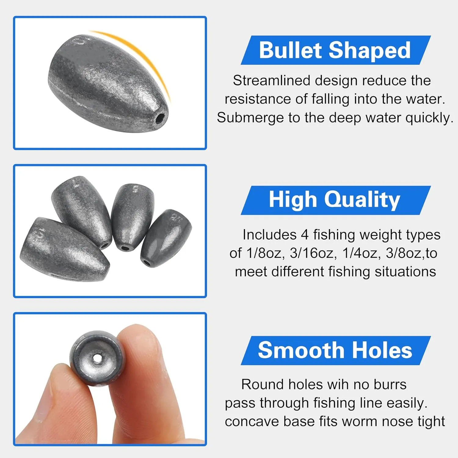 Flipping Fishing Weights,40pcs Bullet Fishing Sinker Weights Worm Weights Slip Sinkers Assorted Set for Bass Fishing Texas Rigs Saltwater Freshwater Tackle 1/8 3/16 1/4 3/8oz