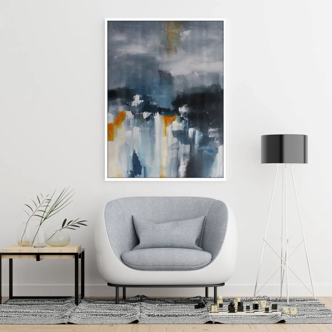 Framed vertical smoky blue & orange abstract wall art print