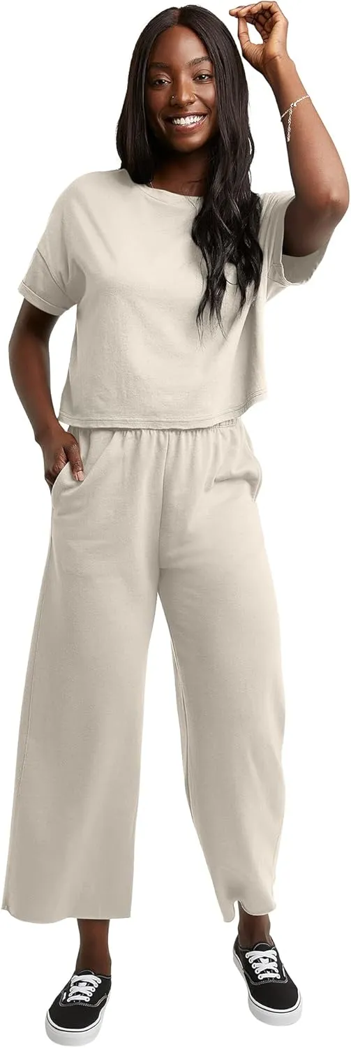 Hanes Women's Originals Wide Leg Crop Pants, Retro Lightweight French Terry Pants, 25"