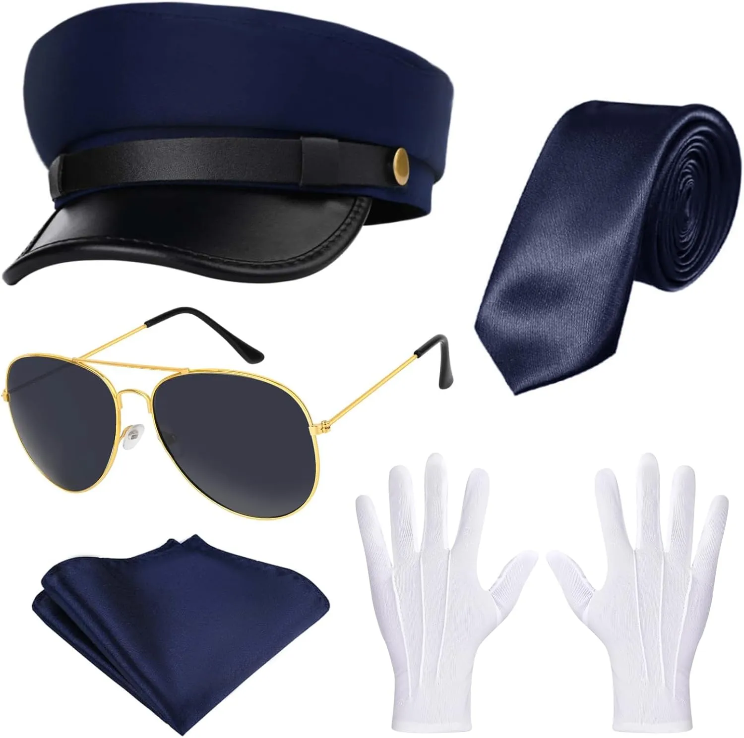 Honic 5 Pcs Chauffeur Costume Include Limo Driver Hat Gloves Handkerchif Glasses for Men Women Party Cosplay Dress Up