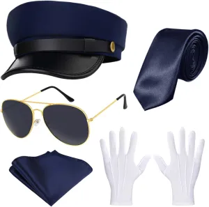 Honic 5 Pcs Chauffeur Costume Include Limo Driver Hat Gloves Handkerchif Glasses for Men Women Party Cosplay Dress Up