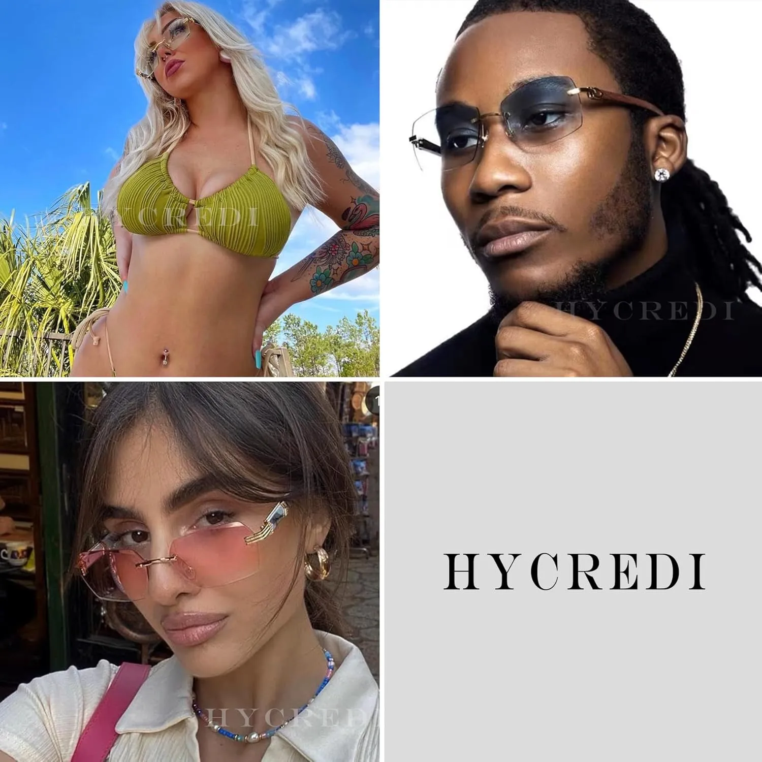 Hycredi Rimless Rectangle Sunglasses Men Women Retro Frameless Square Shade Y2k Sun Glasses Tinted Eyewear