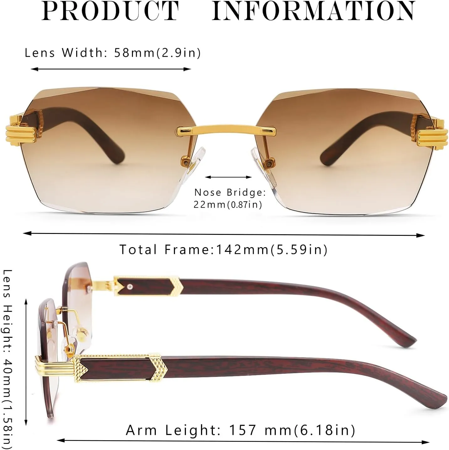 Hycredi Rimless Rectangle Sunglasses Men Women Retro Frameless Square Shade Y2k Sun Glasses Tinted Eyewear