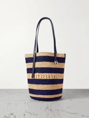 Leather-trimmed logo-embroidered striped raffia tote