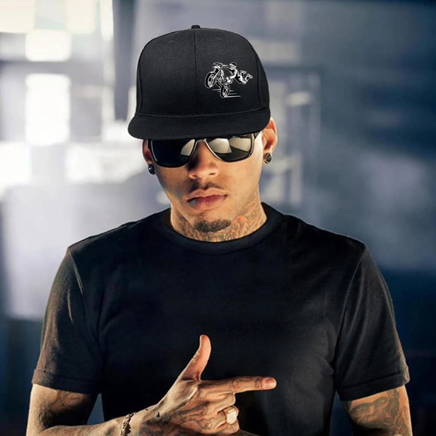 Motorcycle Skull Hat Flat Bill Hats for Men Snap Backpack Mens Hats Snapback Baseball Cap for Teens Boys