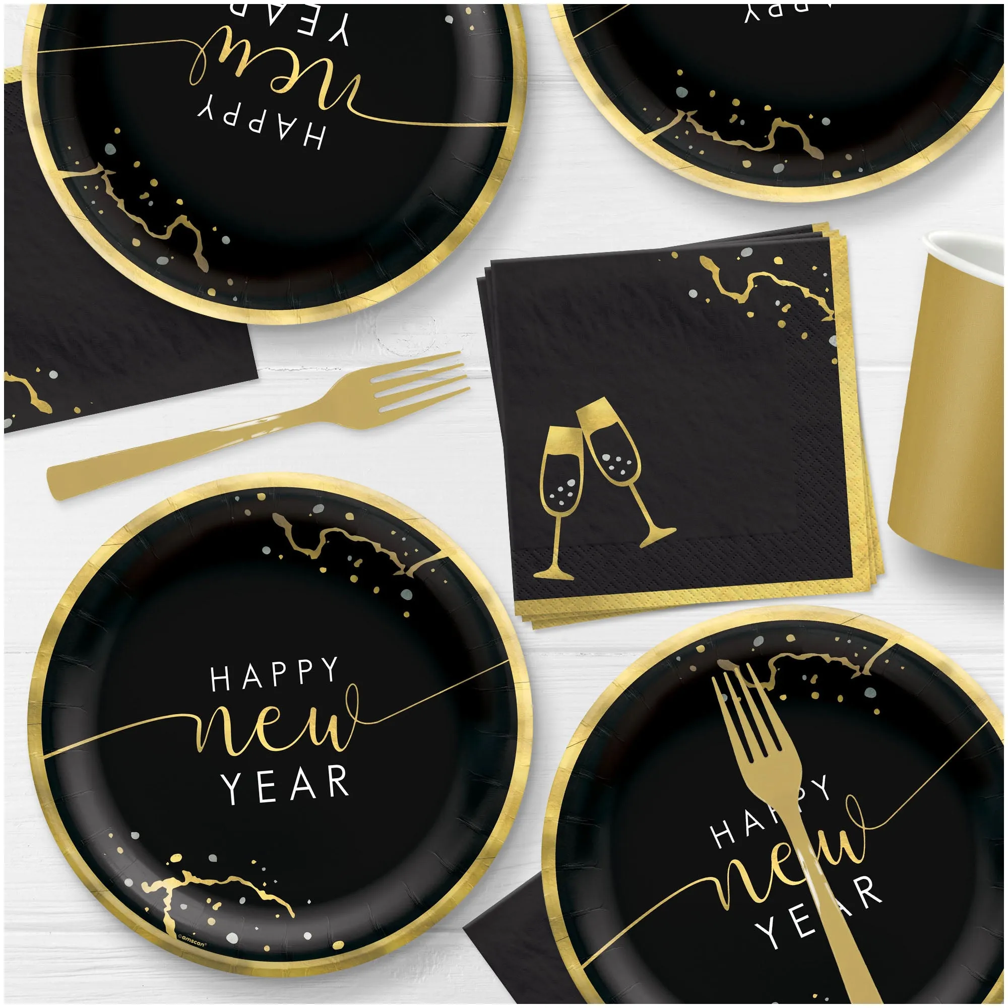 New Year Black & Gold Marble Metallic Paper Dessert Plates & Beverage Napkins (Serves 20)