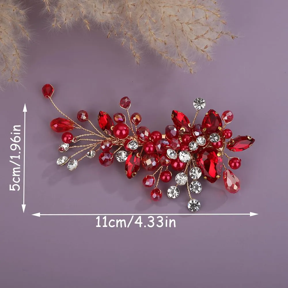 Red Rhinestones Hair Clip Side Headpiece for Women Handmade Hair Jewelry Wedding Brides (Red)