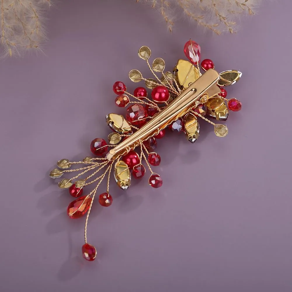 Red Rhinestones Hair Clip Side Headpiece for Women Handmade Hair Jewelry Wedding Brides (Red)