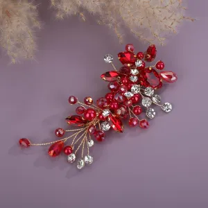 Red Rhinestones Hair Clip Side Headpiece for Women Handmade Hair Jewelry Wedding Brides (Red)
