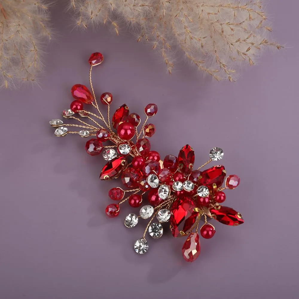 Red Rhinestones Hair Clip Side Headpiece for Women Handmade Hair Jewelry Wedding Brides (Red)