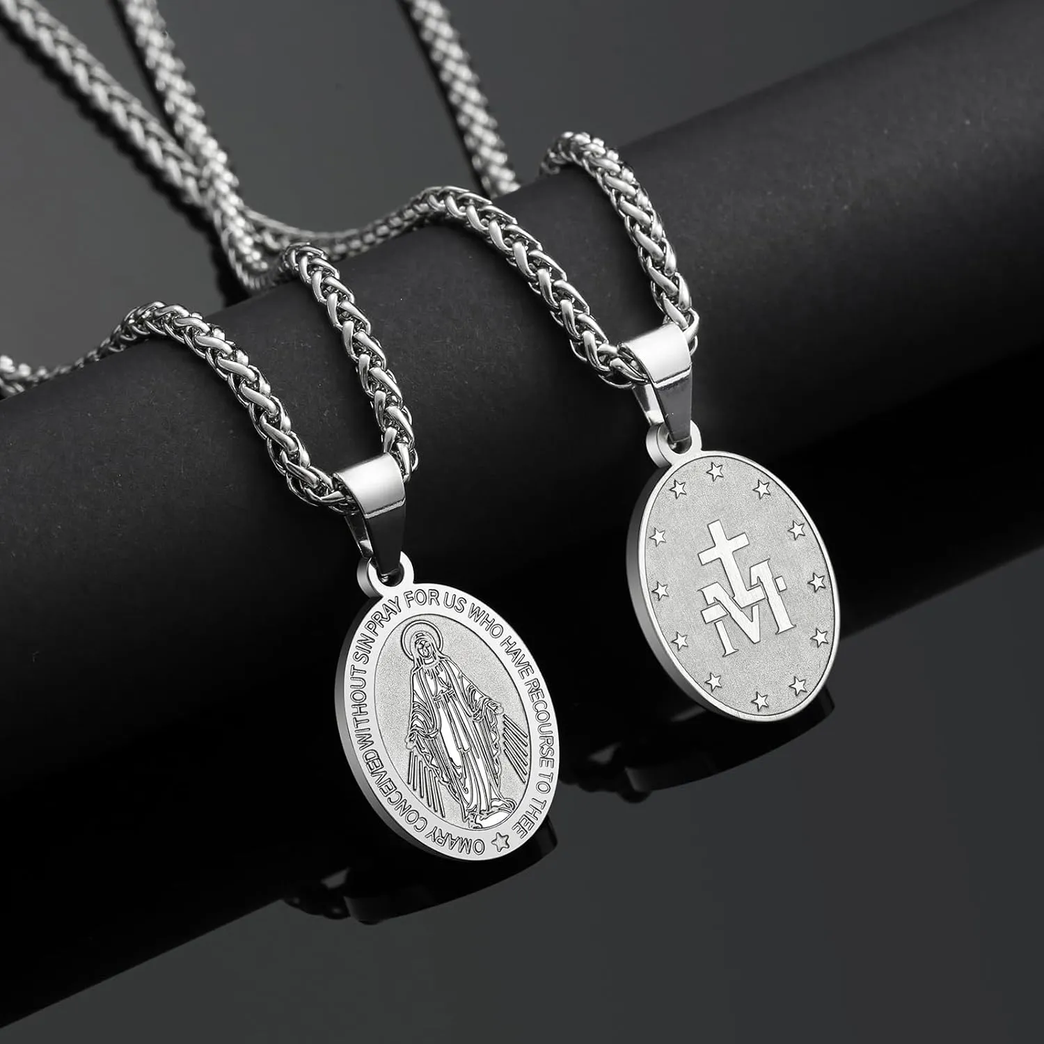RS Virgin Mary Necklace for Men Boys Miraculous Medal Stainless Steel Mary Mother of God Pendant Mary Charm