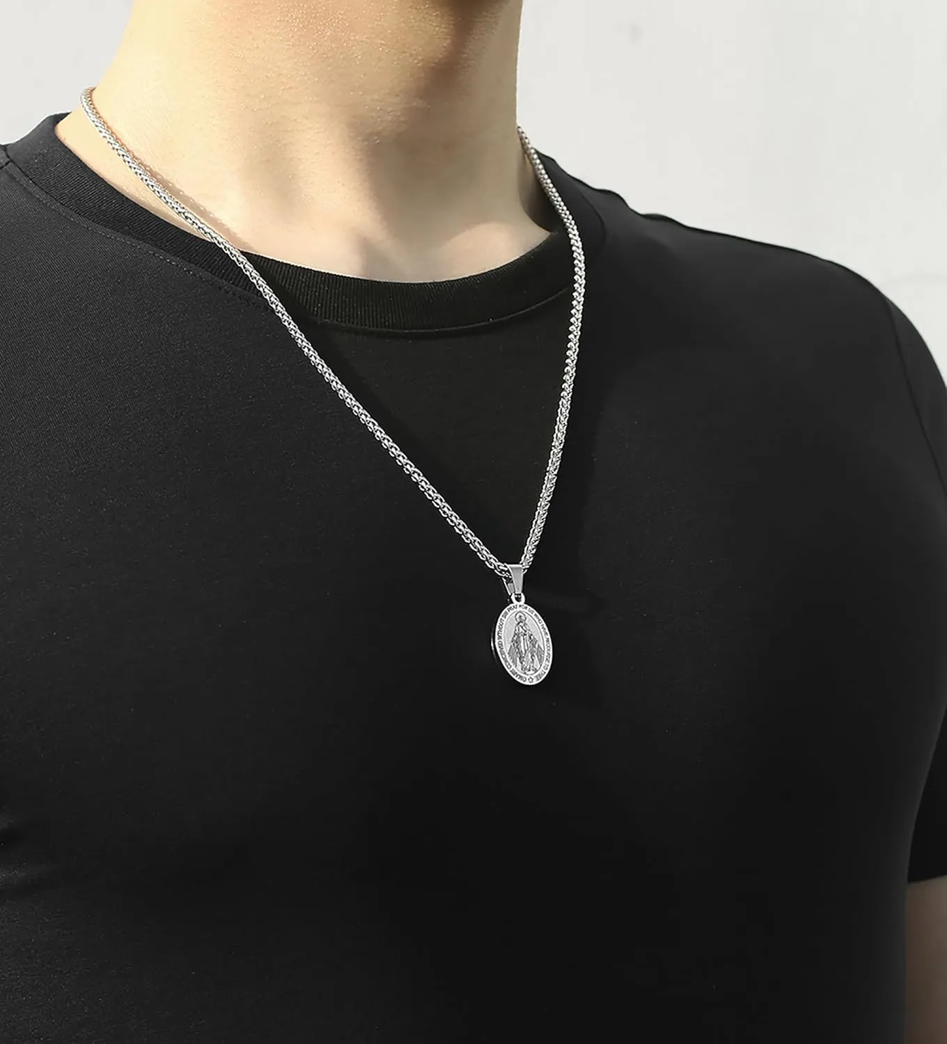 RS Virgin Mary Necklace for Men Boys Miraculous Medal Stainless Steel Mary Mother of God Pendant Mary Charm
