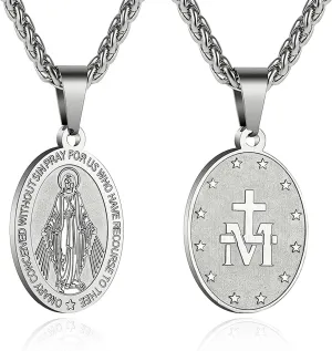 RS Virgin Mary Necklace for Men Boys Miraculous Medal Stainless Steel Mary Mother of God Pendant Mary Charm