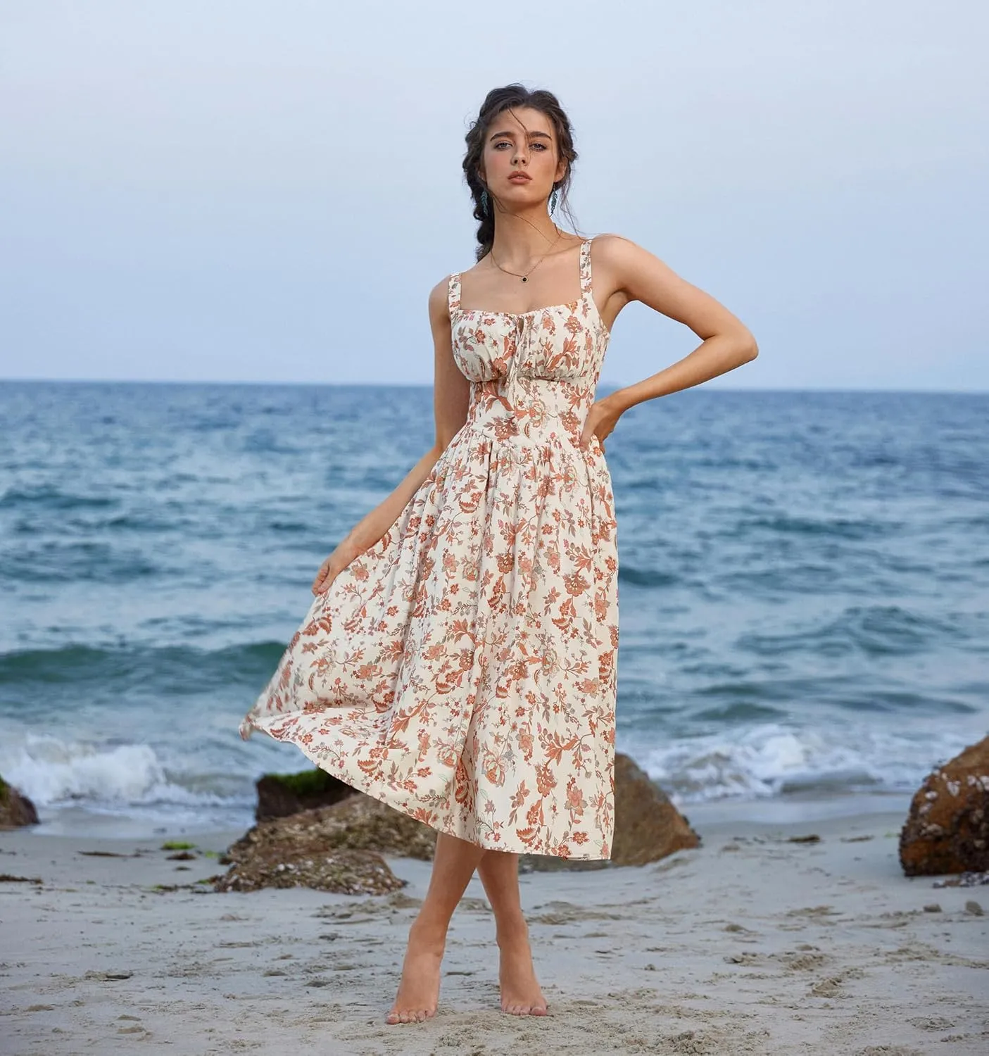 Scarlet Darkness Floral Printed Corset Dress Ruched Bust Cami Dress Flowy Sundress
