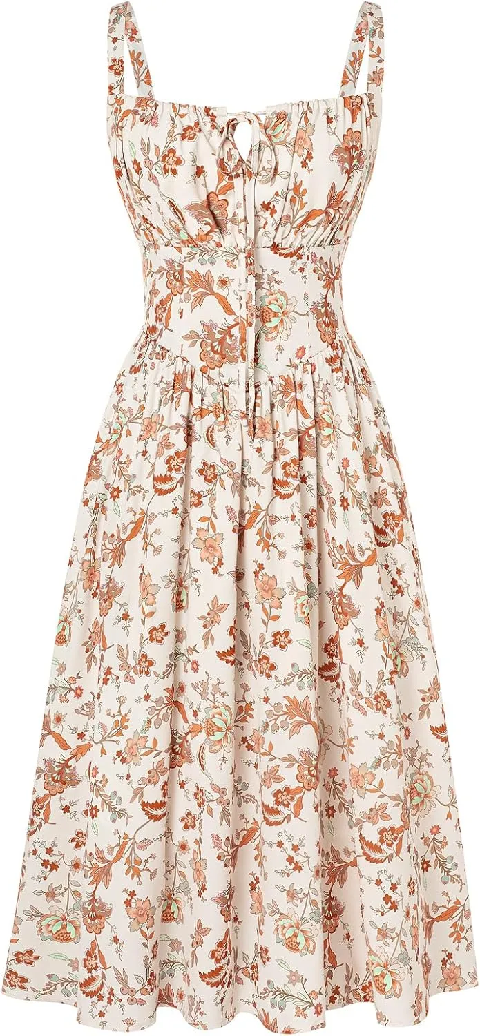 Scarlet Darkness Floral Printed Corset Dress Ruched Bust Cami Dress Flowy Sundress