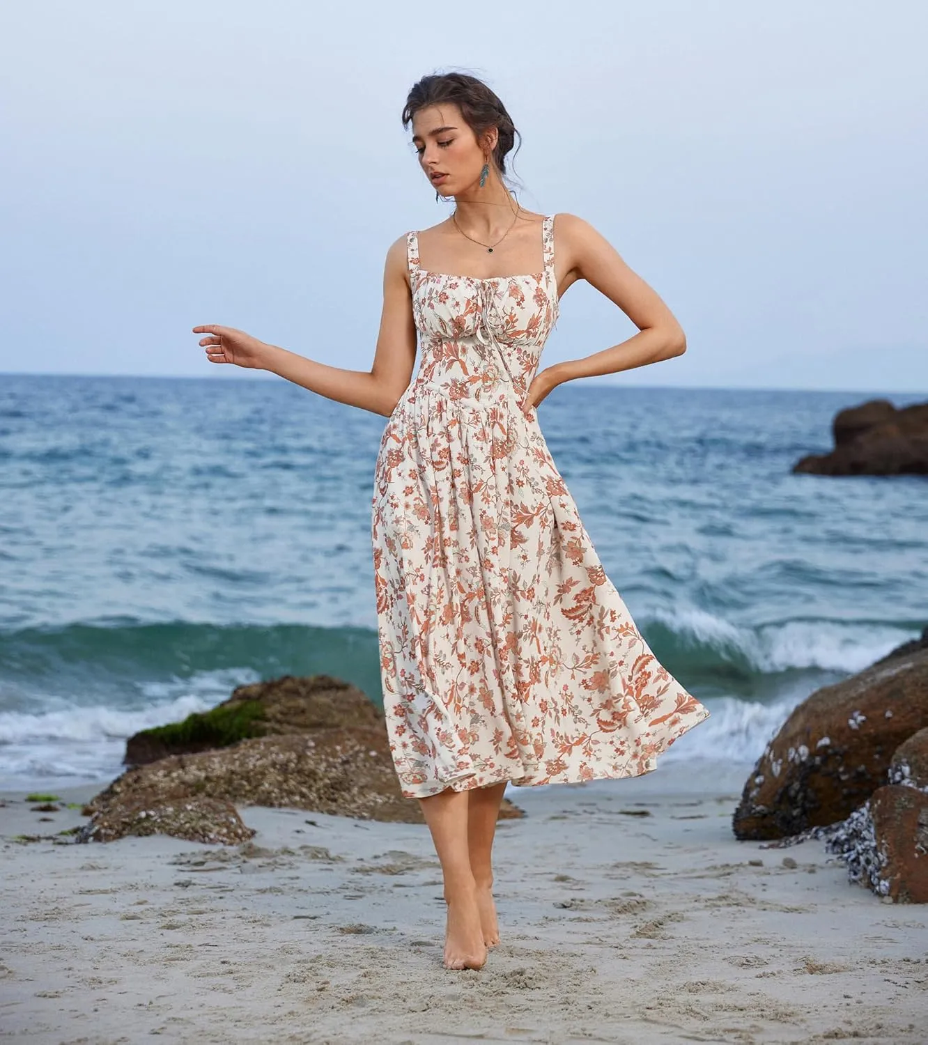 Scarlet Darkness Floral Printed Corset Dress Ruched Bust Cami Dress Flowy Sundress