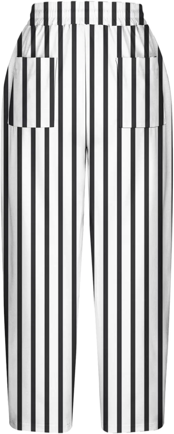 Stripe Color Block Capri Pants for Women Casual Straight Leg Capri Pants Drawstring Elastic Waist Cropped Trousers