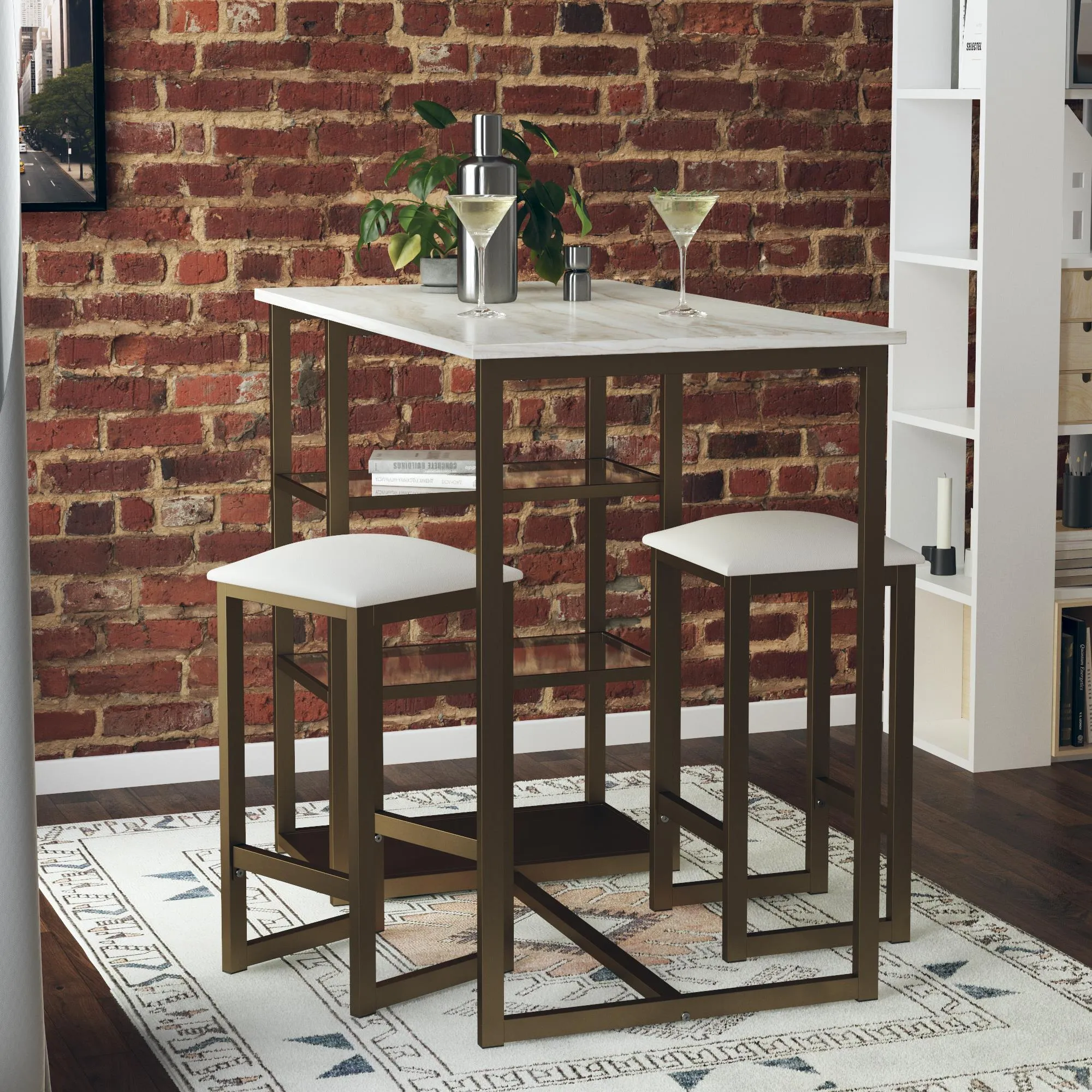 Tanner 3-Piece Brass Pub Set with Faux Marble Top