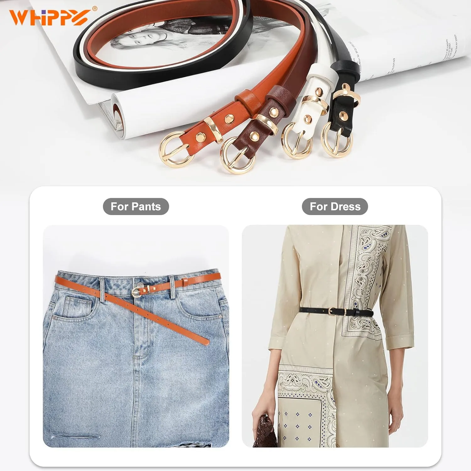 WHIPPY Set of 4Women Skinny Leather Belt Thin Waist Belt with Metal Buckle for Pants Jeans Dresses