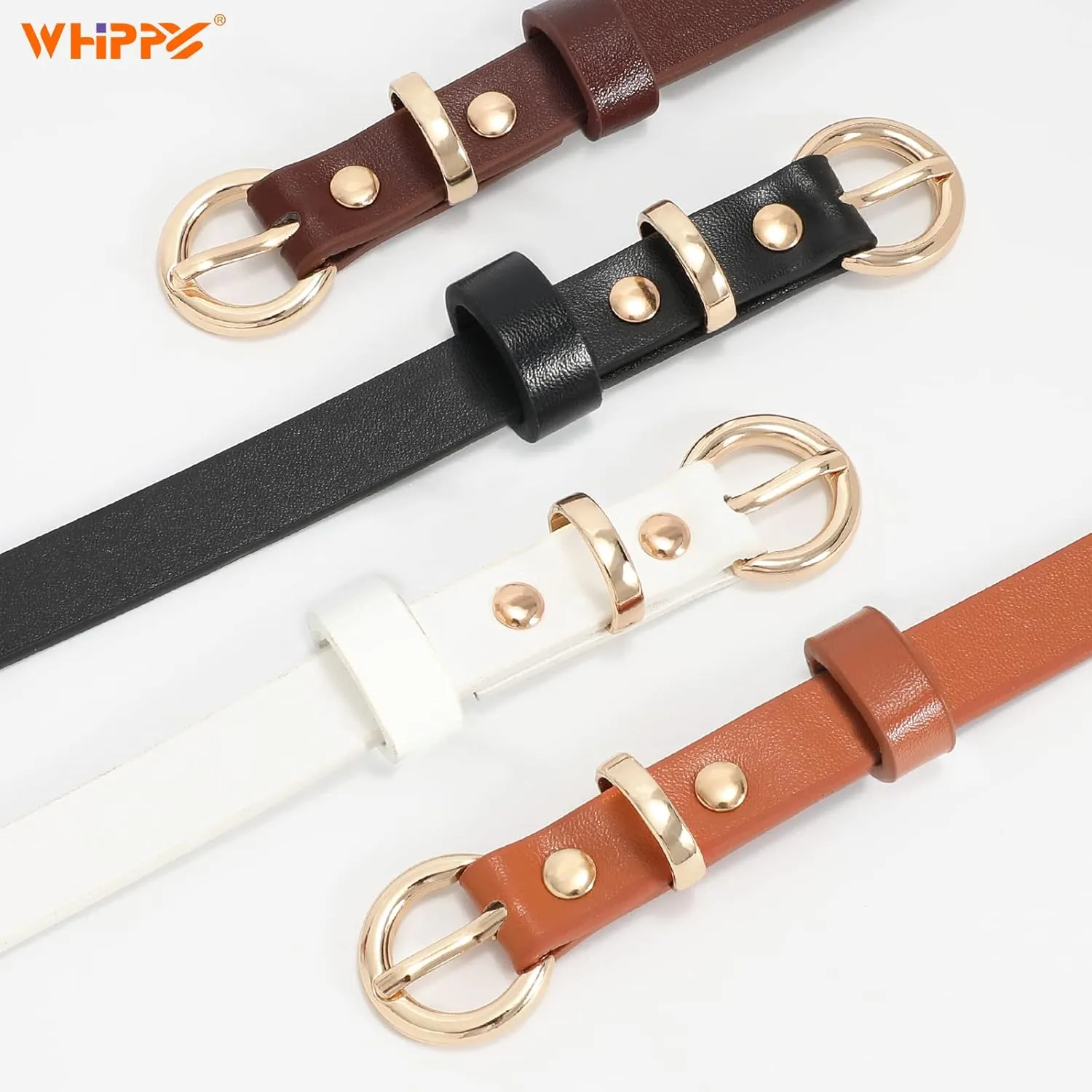 WHIPPY Set of 4Women Skinny Leather Belt Thin Waist Belt with Metal Buckle for Pants Jeans Dresses