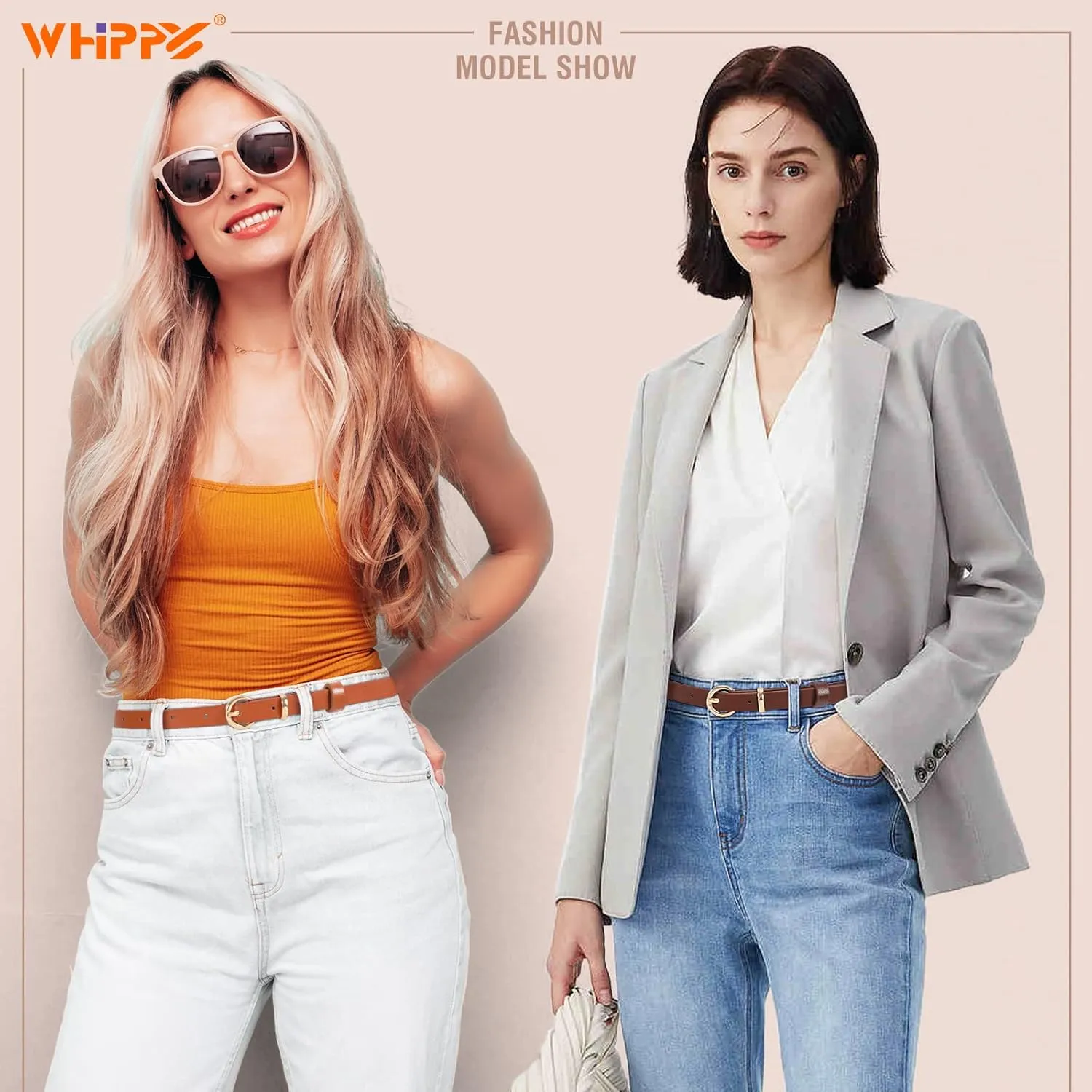 WHIPPY Set of 4Women Skinny Leather Belt Thin Waist Belt with Metal Buckle for Pants Jeans Dresses