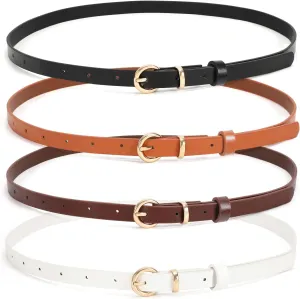 WHIPPY Set of 4Women Skinny Leather Belt Thin Waist Belt with Metal Buckle for Pants Jeans Dresses