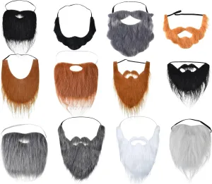 WILLBOND 12 Pcs Fake Beard Funny Fake Mustache Costume False Whiskers Facial Hair Disguise Accessories with Adjustable Elastic Rope for Males Costume Halloween Cosplay Supplies